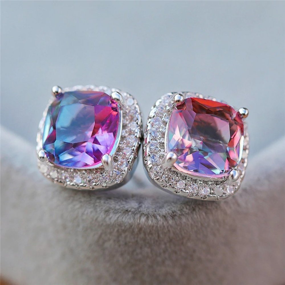 NEW White Gold Rainbow Diamond Halo Stud Earrings